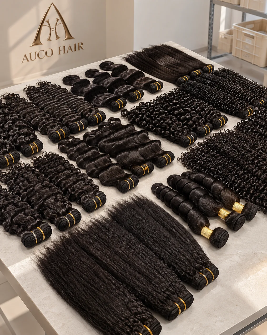 AUCO HAIR weft bundles in straight, wavy, curly and kinky textures