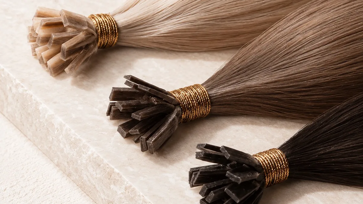 Ba bó tóc nối keratin đầu K-tip màu vàng, nâu và nâu đậm trên nền đá trắng ngà