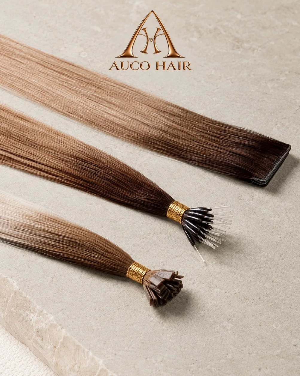Một miếng tape-in, một bó lọn nano ring và một bó lọn keratin K-tip đặt cạnh nhau
