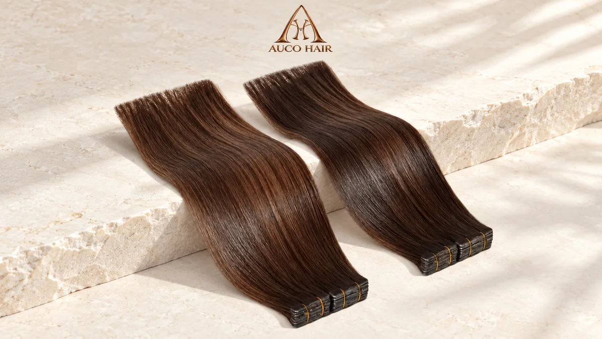 Two packs of brown Vietnamese human hair tape-in extensions with gold bands on ivory stone