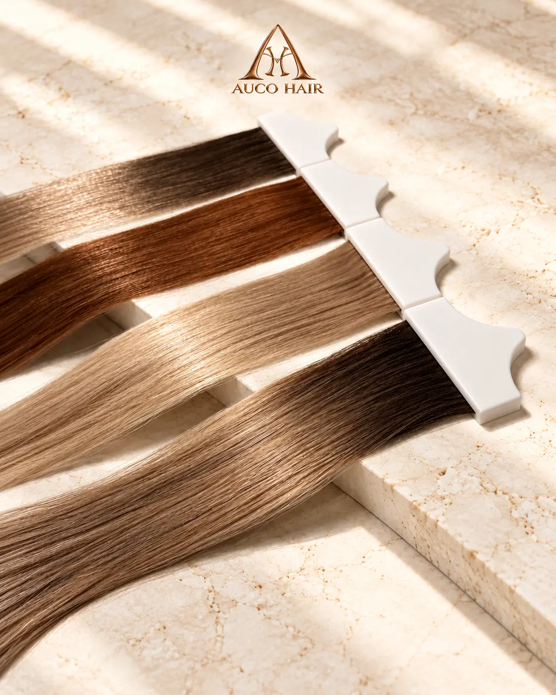 Four tape-in hair extension wefts in brown, copper and blonde shades laid side by side