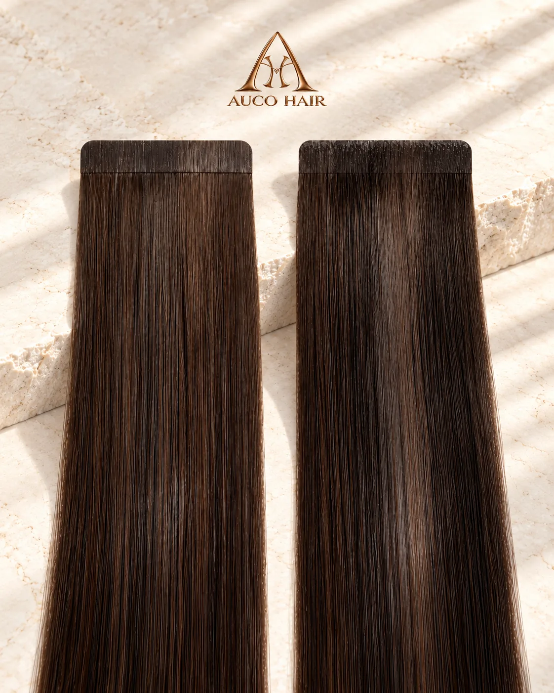 Close-up of two dark brown tape-in hair extension wefts showing the flat adhesive tabs